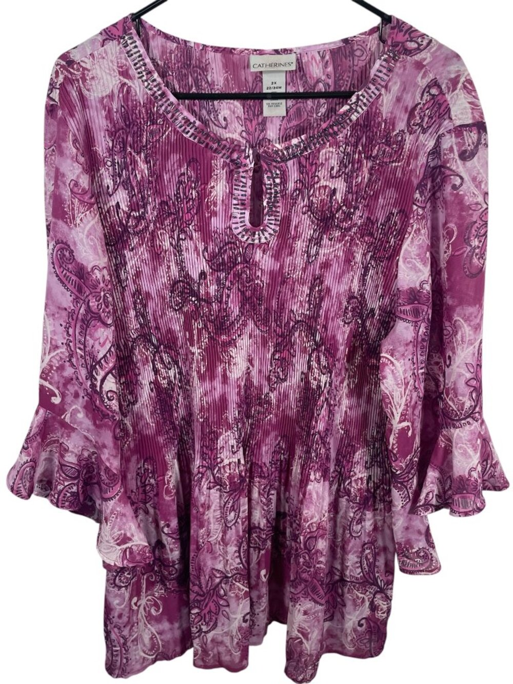 Catherines Paisley Tunic Womens 2X 22/24 3/4 Bell Sleeve Keyhole Neck Purple Top